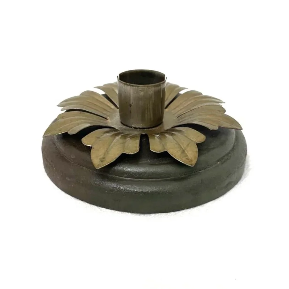 Vtg Wood & Metal Taper Candlestick Holder Flower Brown Antique‎ Brass Toned